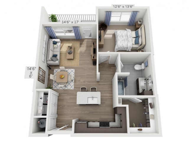 A 3D floor plan of a one-bedroom apartment featuring a living room, kitchen, bathroom, and balcony.