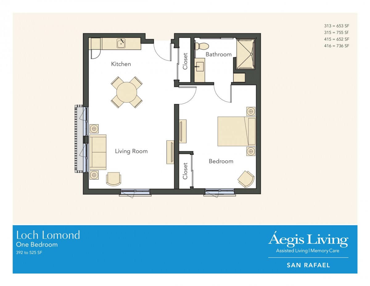 A one-bedroom apartment floor plan showing a layout with a living room, kitchen, bedroom, and bathroom.