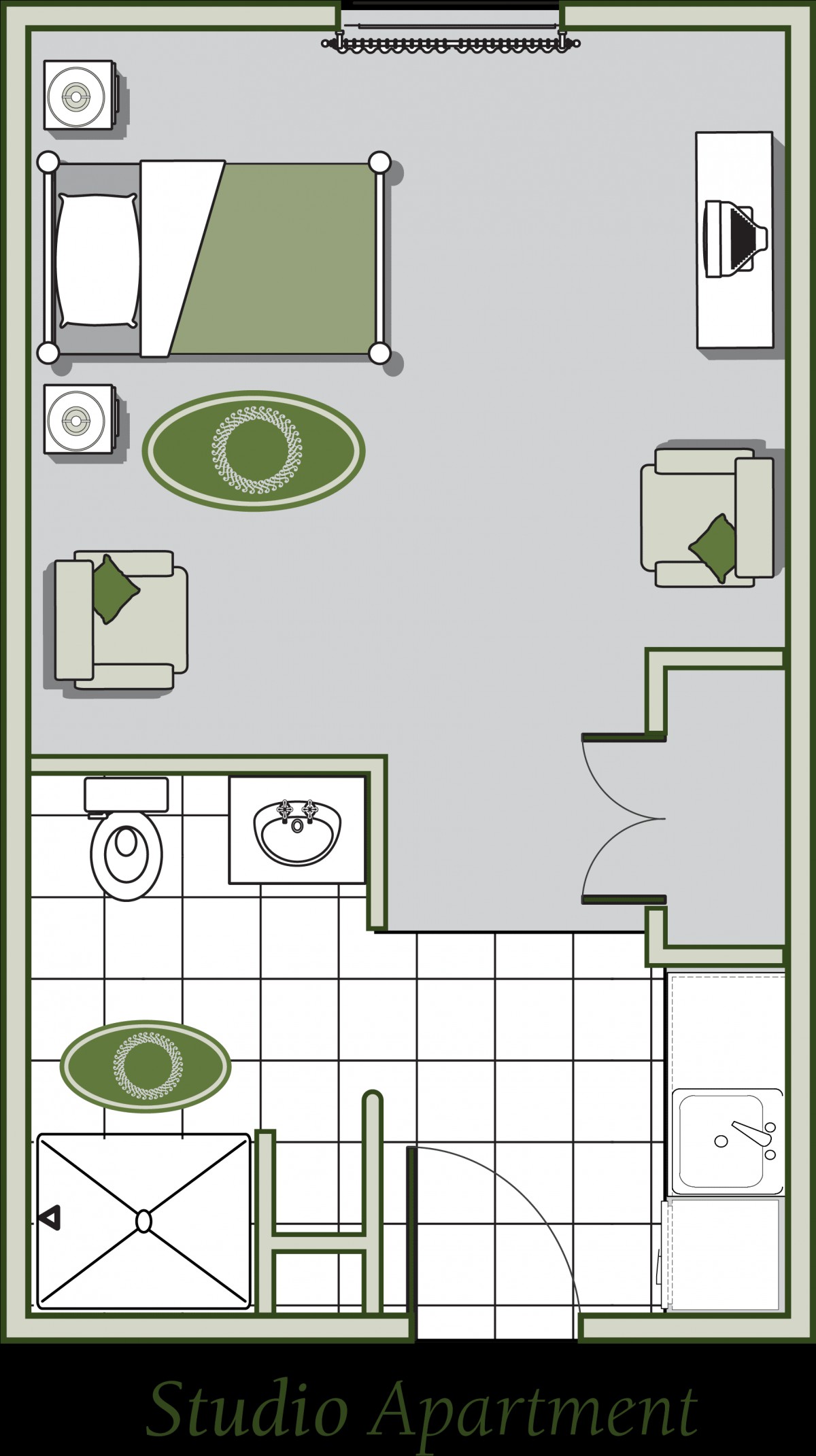 This image shows a floor plan layout featuring a living area and bathroom with furniture placement.