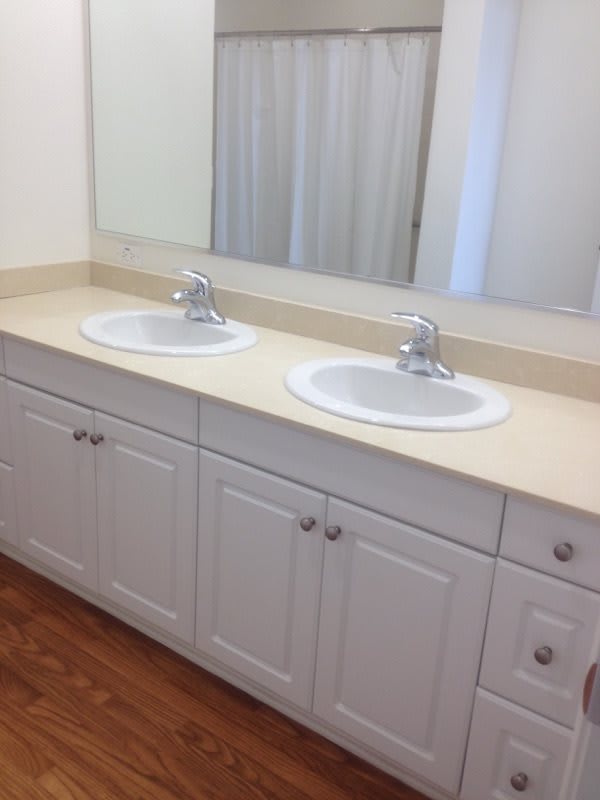 A bathroom with a double sink vanity and large mirror.