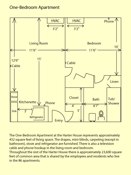 Floor plan of a one-bedroom apartment showing the layout and dimensions of each room.