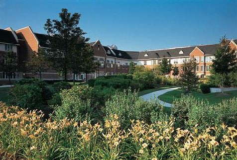 A scenic garden with a pathway leading to a building in the background.
