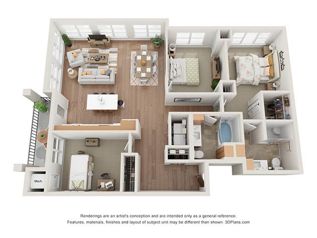 A 3D floor plan of a two-bedroom apartment with a living room, kitchen, and bathroom.