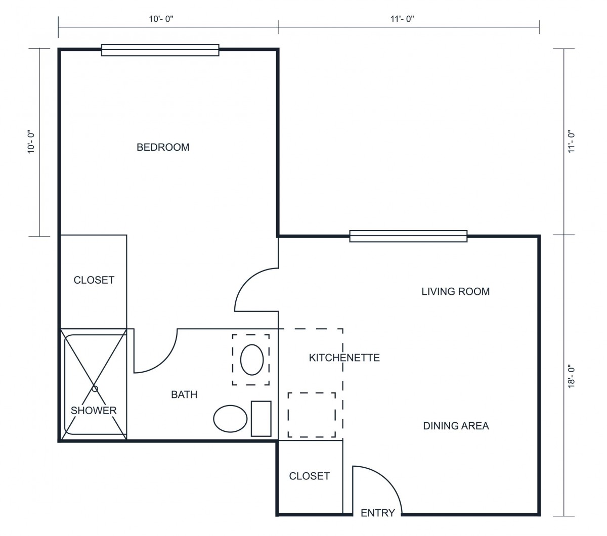 A floor plan of a one-bedroom apartment, featuring a kitchen, living room, bathroom, and closet spaces.