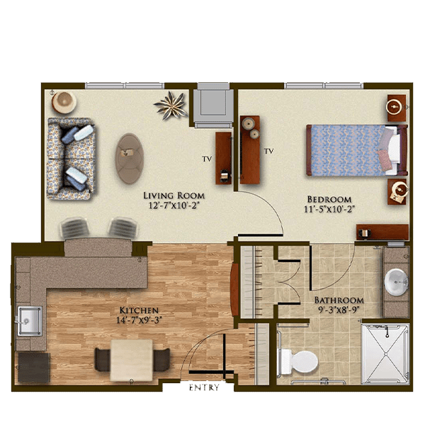 A floor plan of a one-bedroom apartment featuring a living room, kitchen, bedroom, and bathroom.