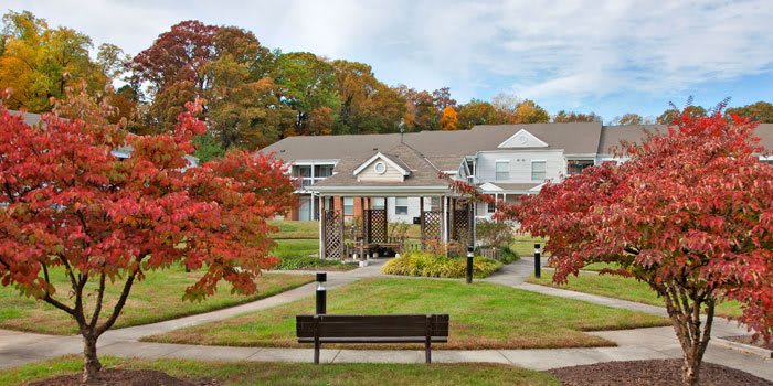 A scenic park setting with a bench and vibrant autumn foliage in front of a building.
