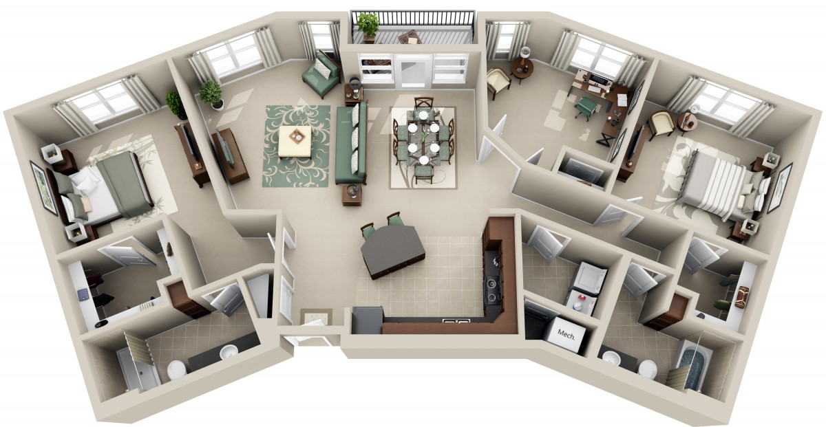 3D floor plan of an apartment with a living room, kitchen, dining area, bedroom, and bathroom.