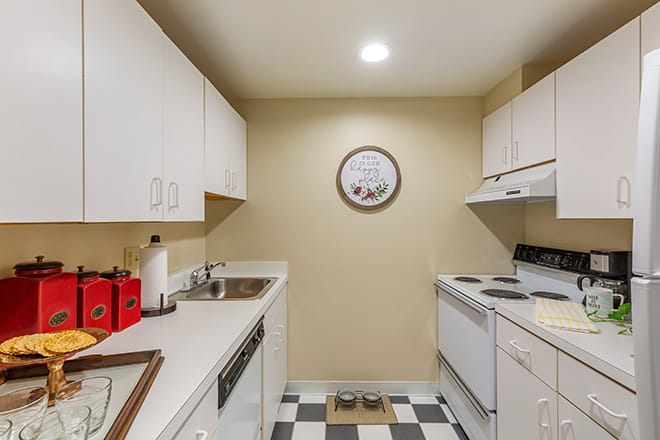 A compact kitchen with white cabinets and modern appliances, featuring a checkered floor design.