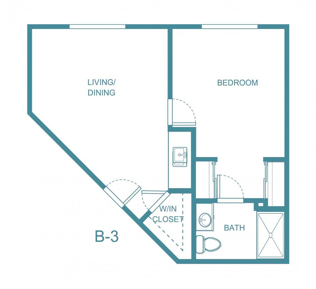 A floor plan of a one-bedroom apartment with designated living, dining, and bath areas.