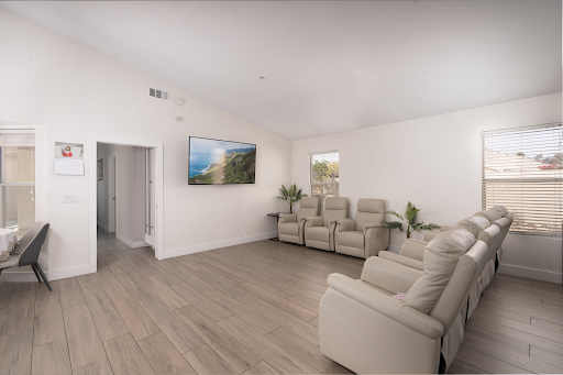A modern and inviting living room featuring comfortable seating, a large TV, and decorative plants.