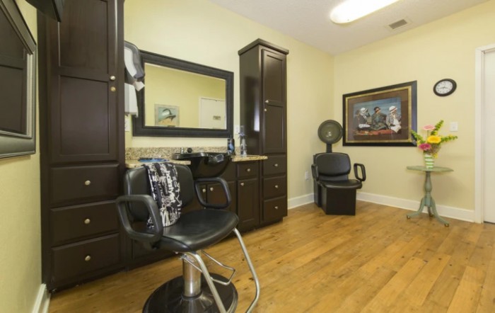 A well-organized hair salon with a styling chair, mirror, and hair dryer.