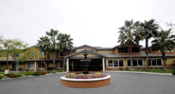 A front view of a building with a circular fountain and palm trees at the entrance.