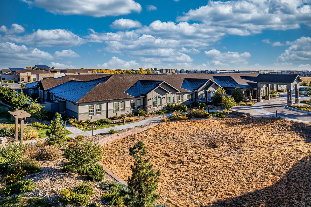 A neighborhood with houses featuring solar panels under a blue sky.