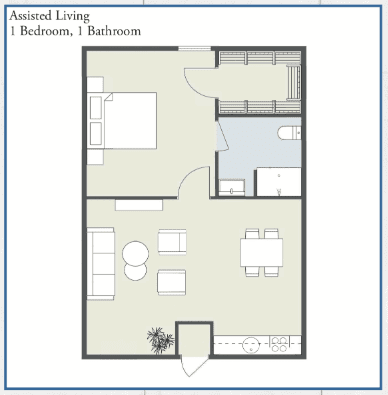 A floor plan for a one-bedroom, one-bathroom assisted living apartment.