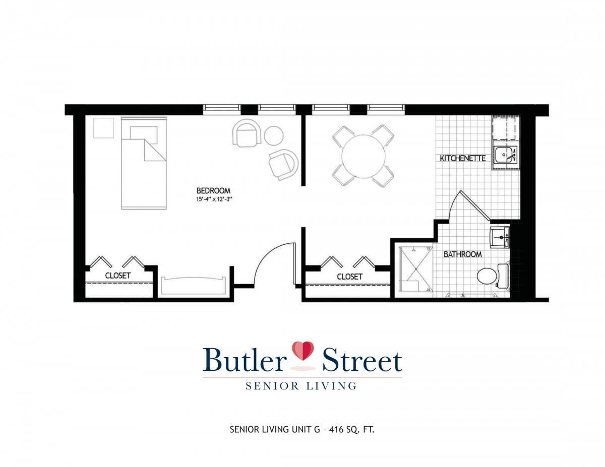Floor plan of a senior living one-bedroom apartment.