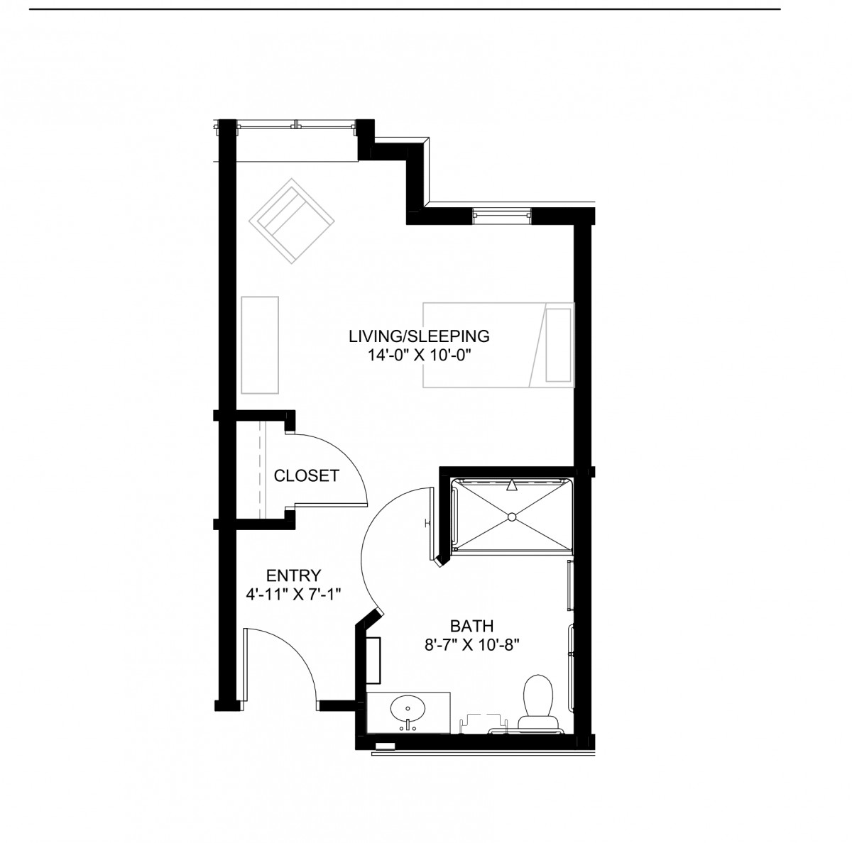Studio apartment floor plan with living/sleeping area, kitchen, closet, and bathroom.