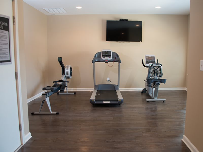 A well-equipped home gym featuring a treadmill, rowing machine, and stationary bike.