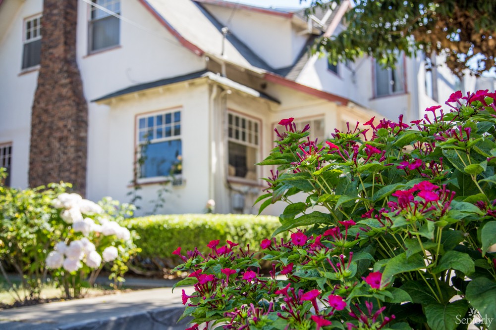 A charming house with a colorful garden in the foreground.