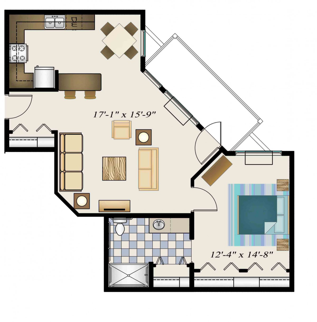 This image showcases a floor plan of an apartment with distinct areas for the living room, kitchen, bedroom, and bathroom.