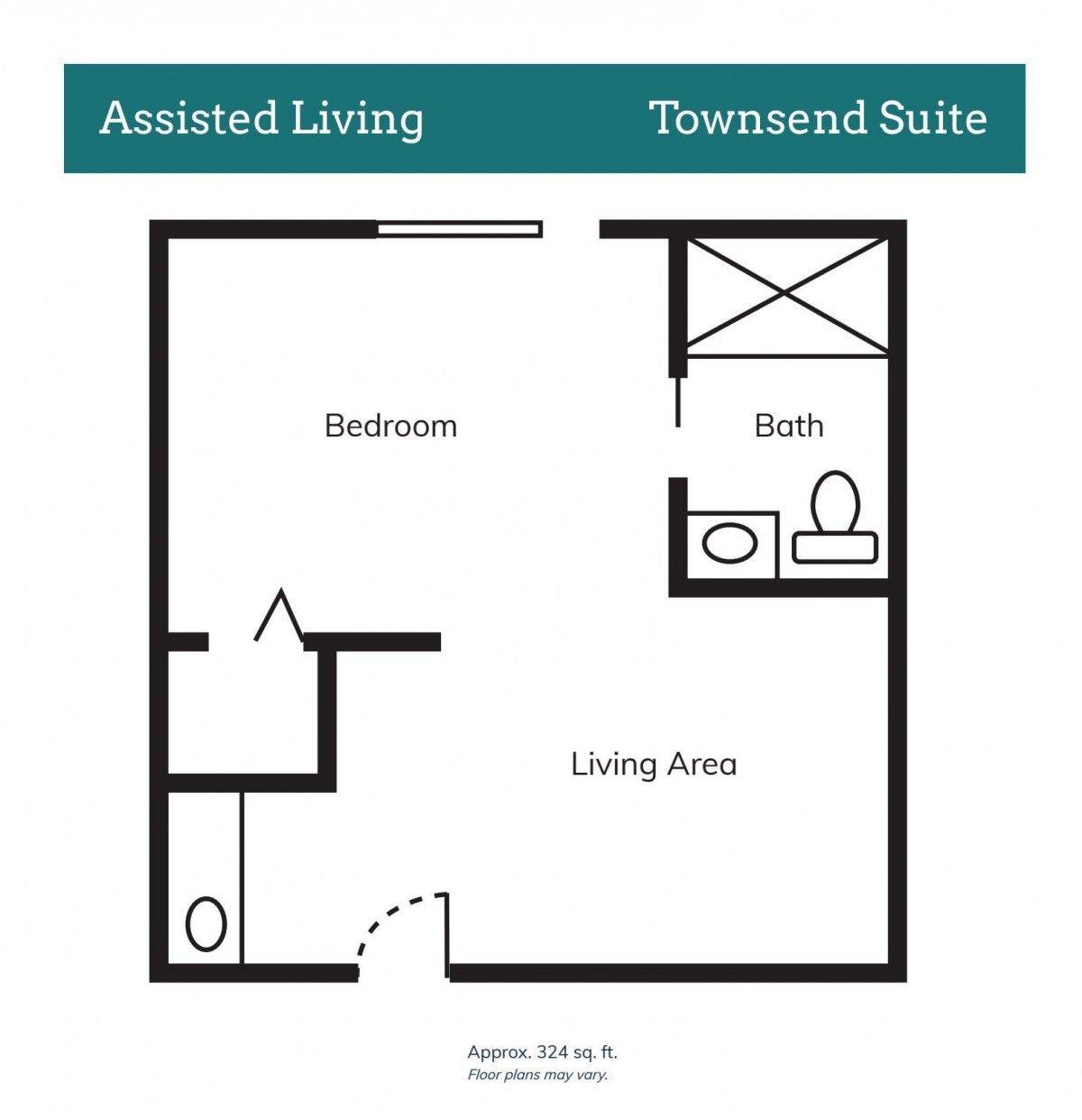 Floor plan of an assisted living Townsend Suite showing the layout with a bedroom, living area, and bathroom.