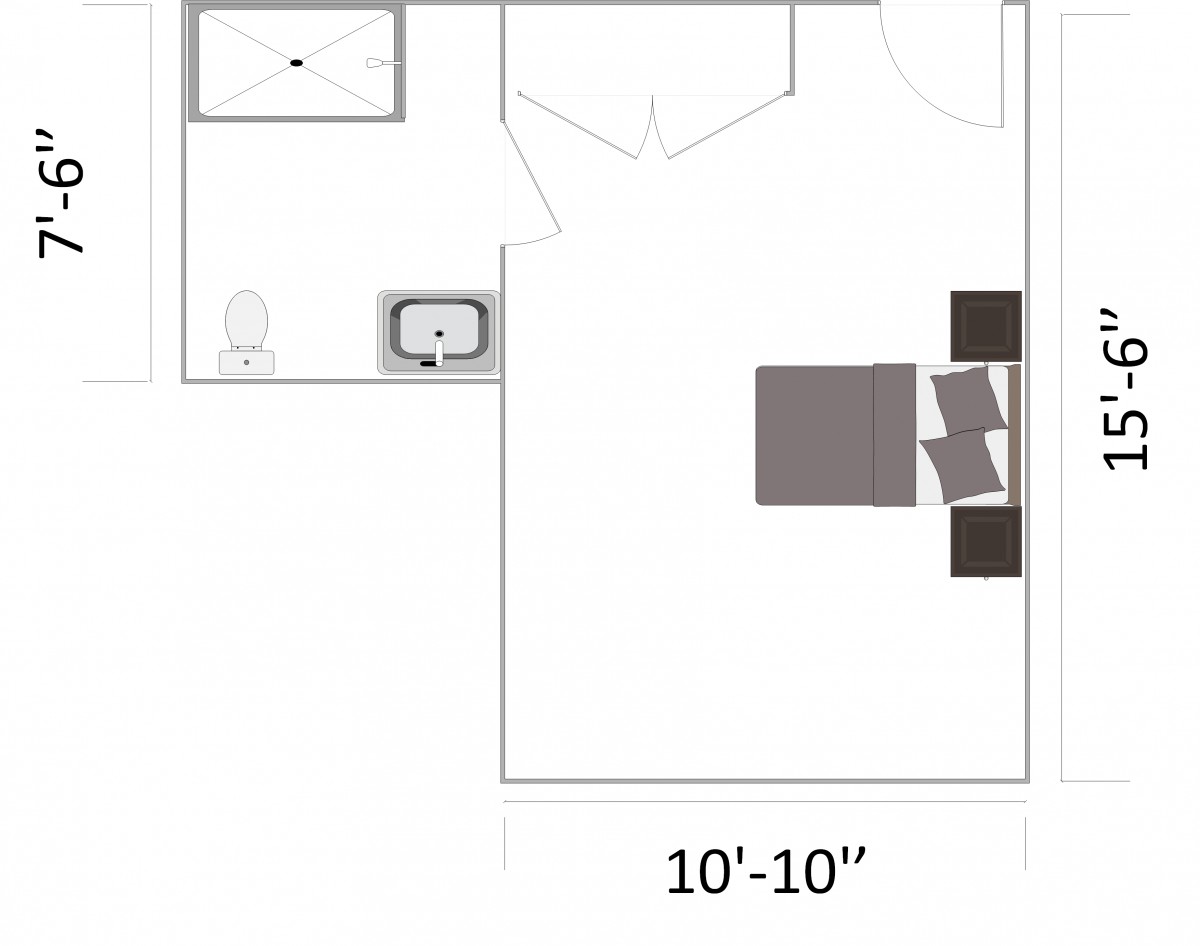 A compact floor plan featuring a bedroom and an adjoining bathroom.