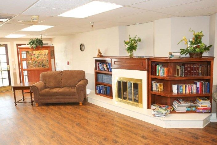 Cozy living room with a sofa, bookshelves, and a fireplace.