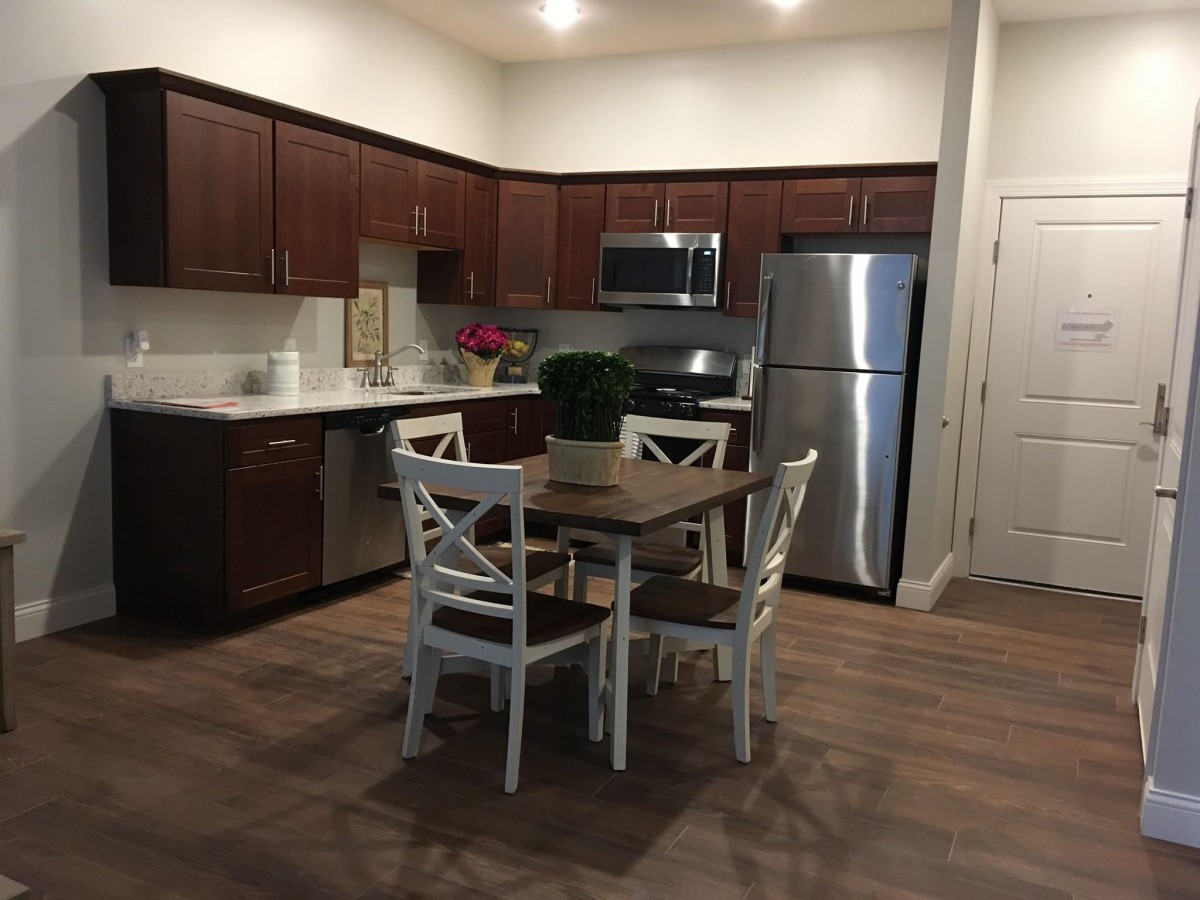 Modern kitchen with a dining area featuring wooden cabinets, a stainless steel refrigerator, and a potted plant on the table.