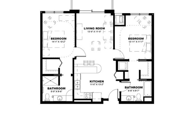 A detailed floor plan of a two-bedroom apartment including living room, kitchen, and bathrooms.