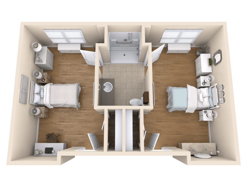 A top-down view of a two-bedroom apartment floor plan showing a shared bathroom and individual bedrooms.