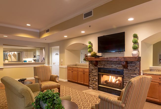 A cozy living room interior with a fireplace and modern furnishings.