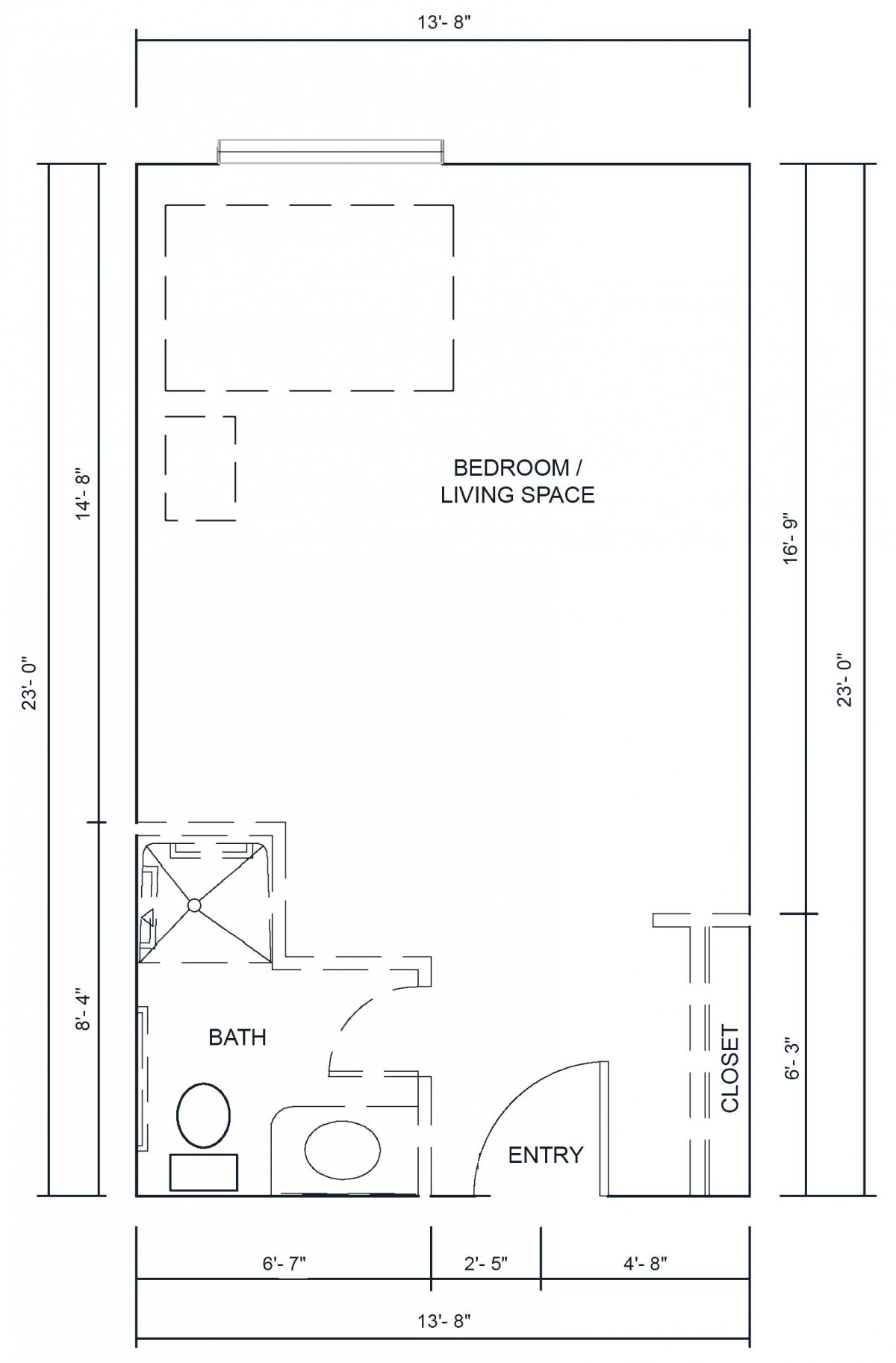 A floor plan of a studio apartment showing the layout including a bedroom/living space, bathroom, and closet.