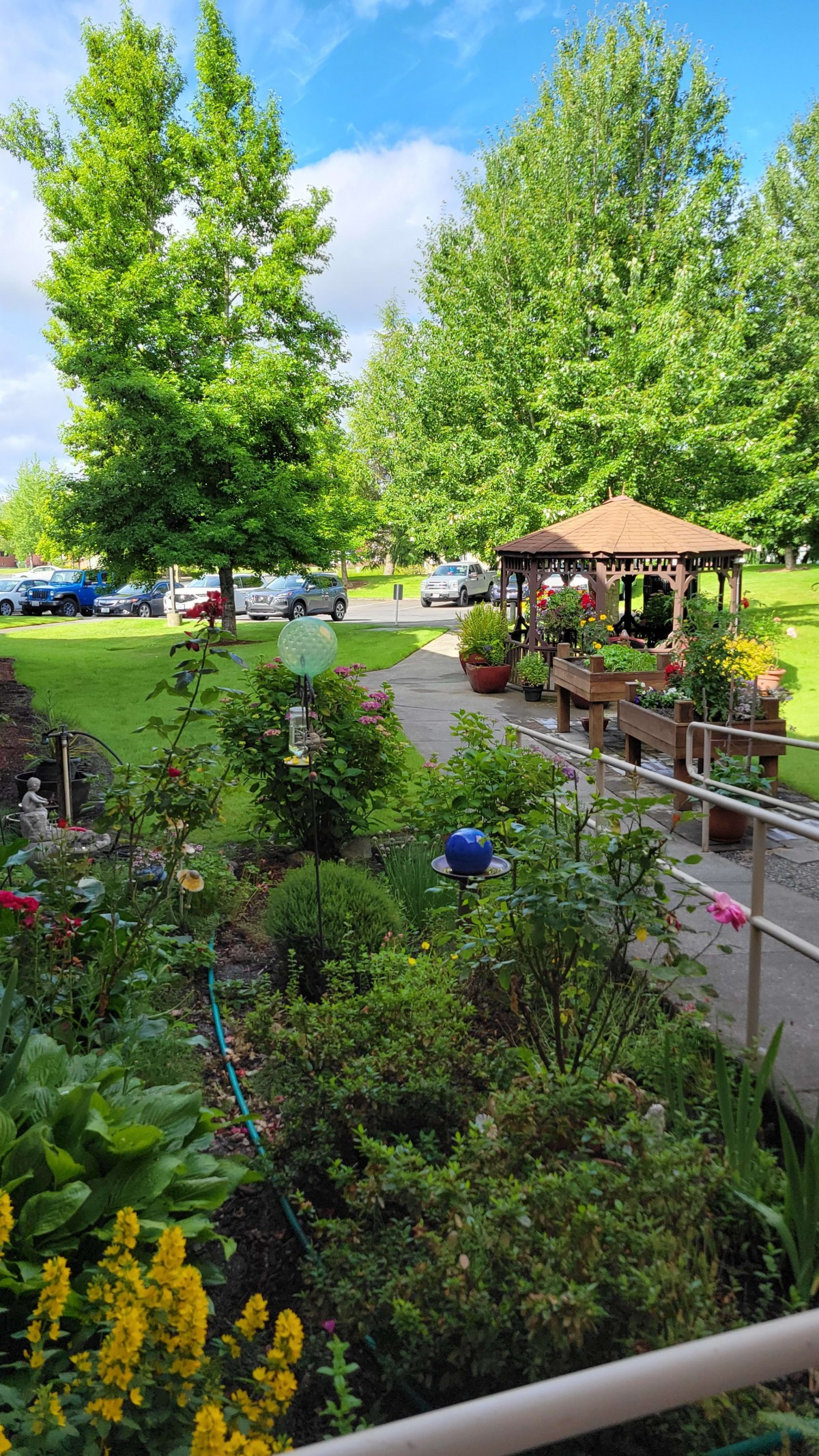 A lush garden with a variety of plants, featuring a cozy gazebo and a scenic pathway surrounded by vibrant greenery.