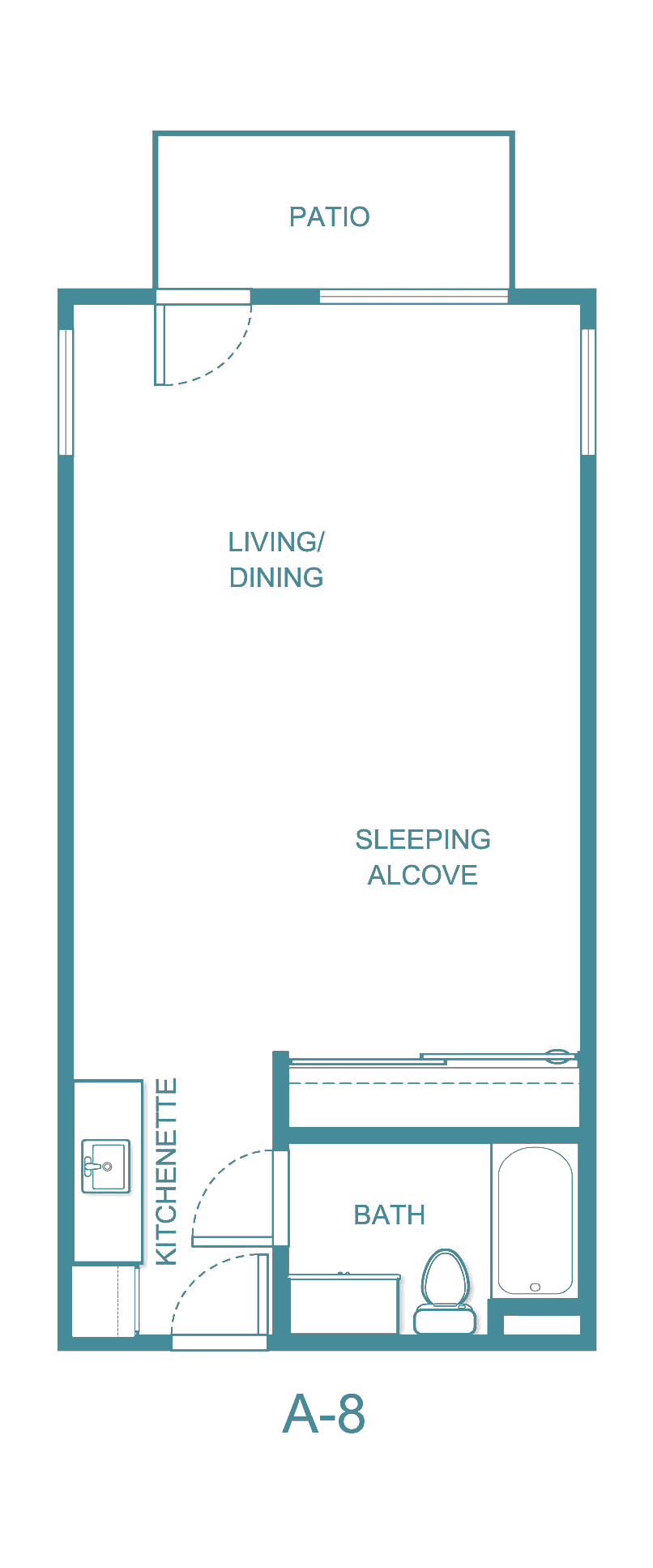 Studio apartment floor plan with living/dining area and sleeping alcove.
