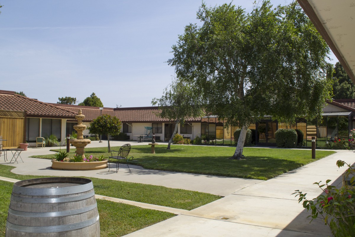 A tranquil courtyard featuring a fountain, surrounded by trees and a well-maintained lawn.
