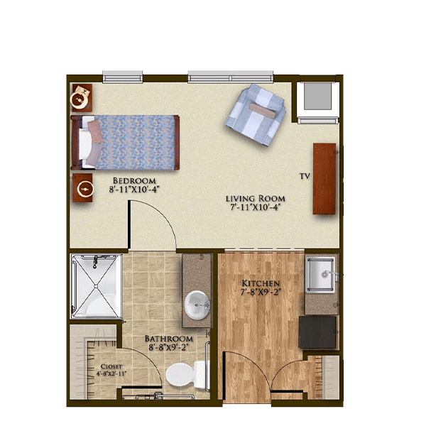A detailed floor plan of a small one-bedroom apartment, featuring a bedroom, bathroom, and living space with a kitchen area.