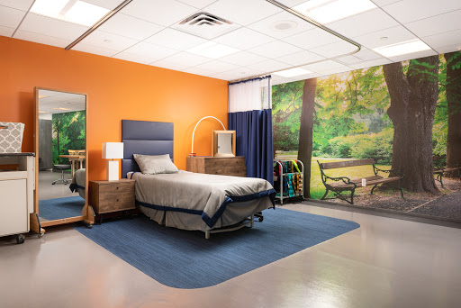 A well-designed hospital room featuring a bed, modern furniture, and a nature-themed mural.