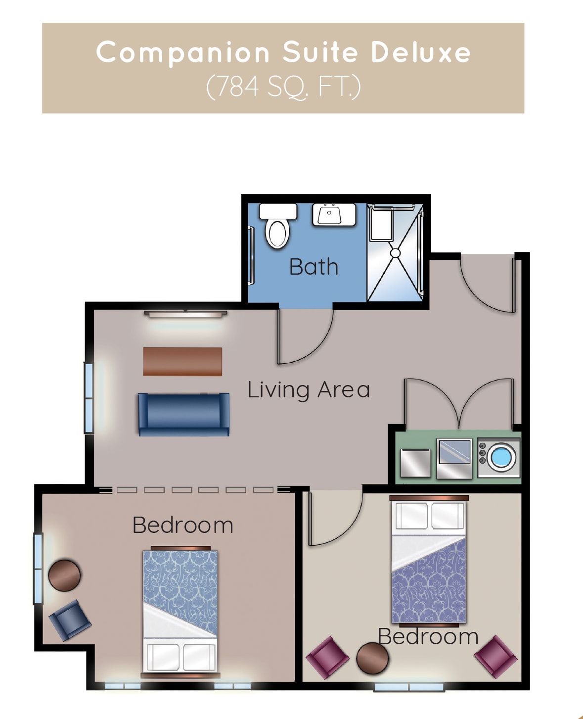 A floor plan of a two-bedroom apartment with a living area and bathroom.