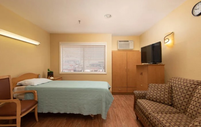 A cozy hotel room featuring a bed, television, and sofa.