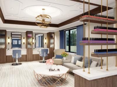 A modern and cozy salon interior with stylish furnishings and a chic chandelier.
