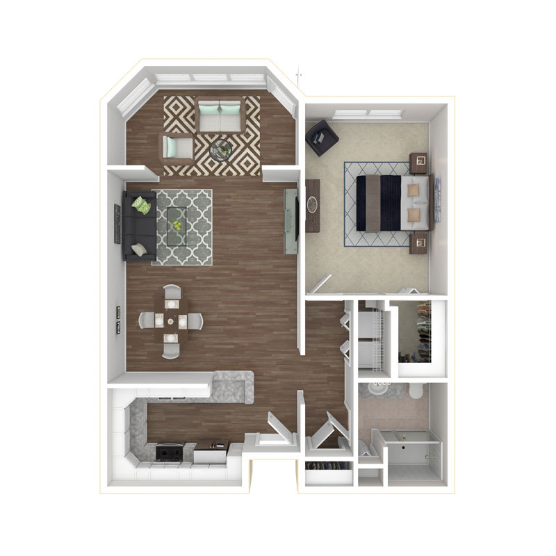 A floor plan of a one-bedroom apartment featuring an open living and dining area, kitchen, bedroom, and bathroom.