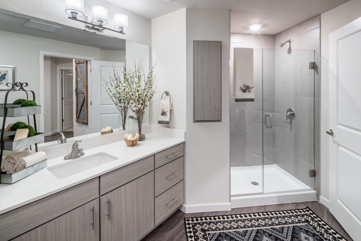 A modern bathroom with a glass shower, large mirror, and elegant decor.