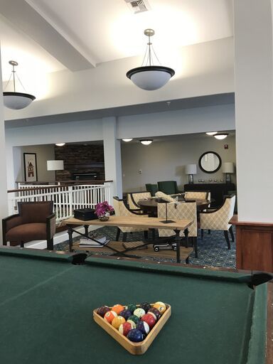 A cozy lounge area featuring a pool table and comfortable seating.
