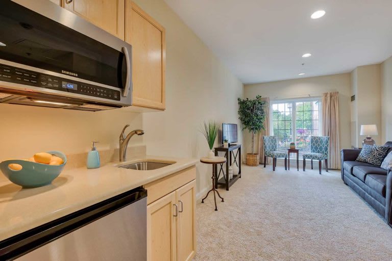 A modern apartment with a kitchenette and cozy living space, featuring light wood cabinetry and contemporary furnishings.