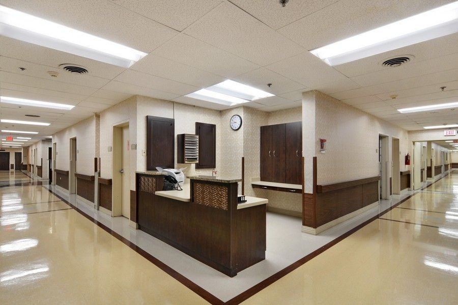 Interior view of a hospital nurses station.