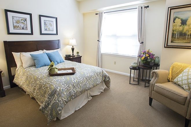 A cozy bedroom with a neatly made bed, decorative pillows, and a soft carpet, featuring elegant furniture and a large window.