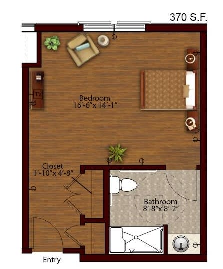 A floor plan showing the layout of a bedroom and bathroom with furniture placement.