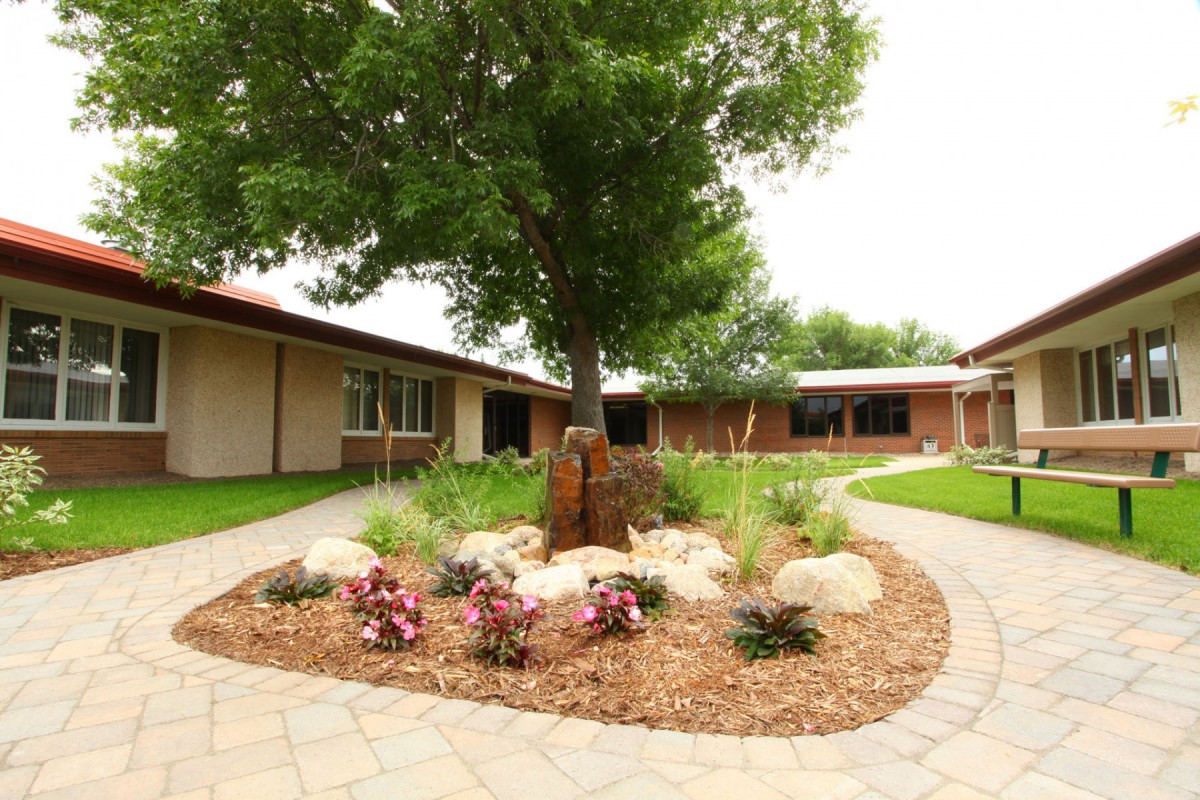A landscaped courtyard featuring a central tree, surrounded by garden beds and a paved pathway.