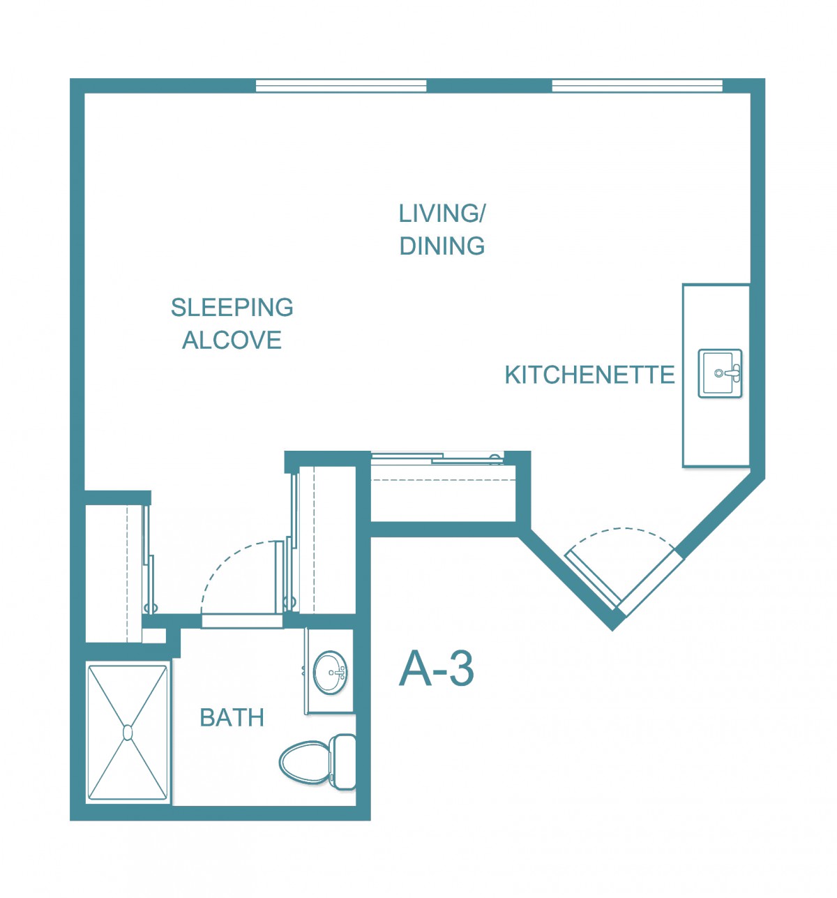 Floor plan of a studio apartment featuring a living/dining area, kitchenette, sleeping alcove, and bathroom.