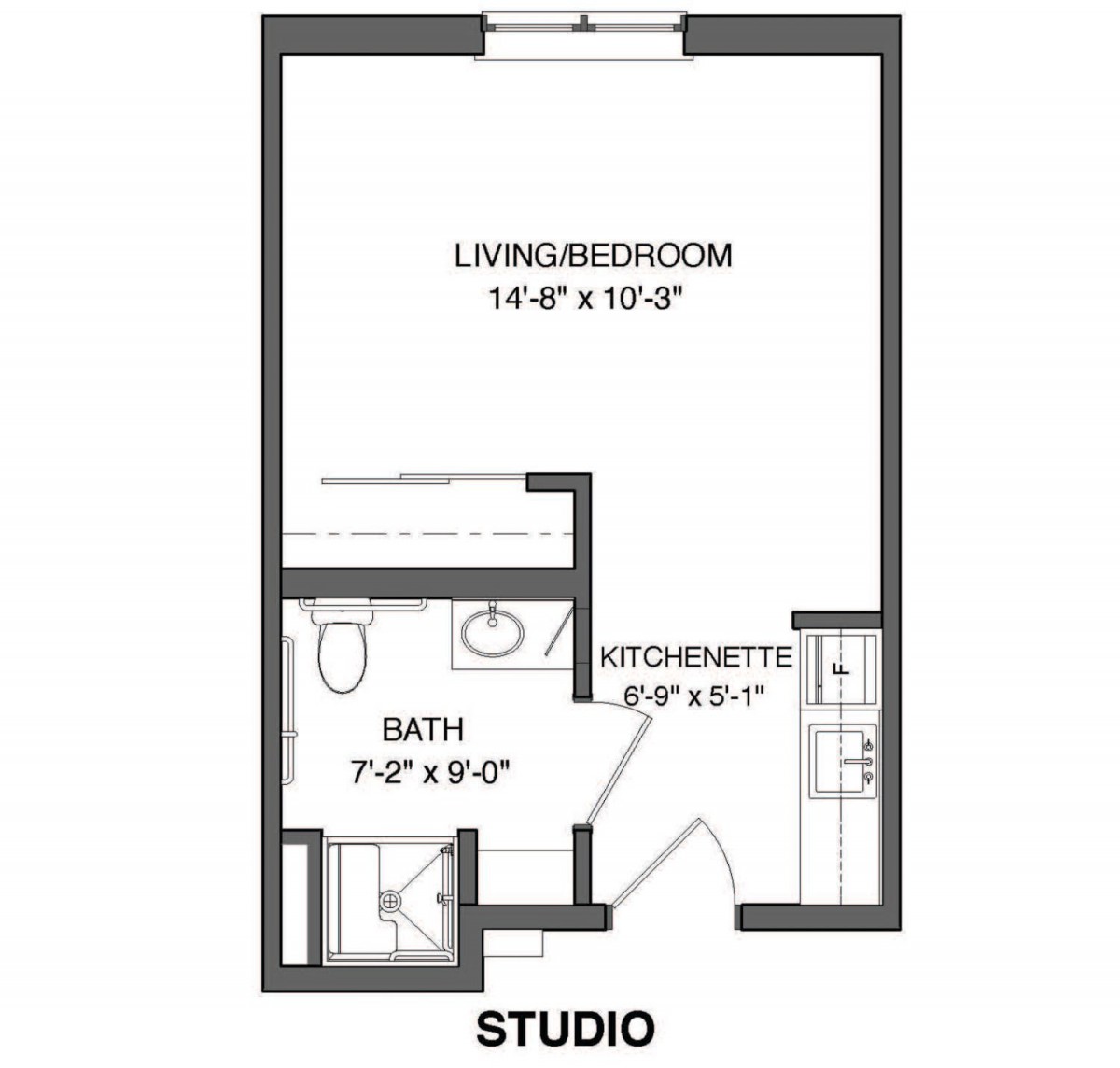 Studio apartment floor plan with living area, kitchenette, and bathroom.