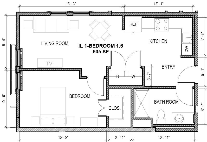 A detailed floor plan showing the layout of an apartment with labeled rooms including the living room, kitchen, bedroom, closet, and bathroom.